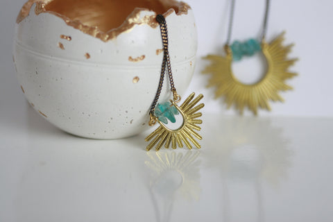 Apatite Crystal and Brass Sunburst Necklace