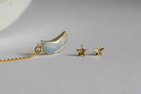 Delicate Moonstone Moon Necklace and Star Earrings  | Crystal Jewellery SET - Kaiko Studio