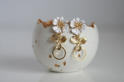 White Enamel Flower & Gold Circle Earrings | Wedding Jewellery