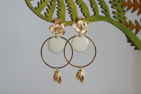 White Enamel Disc & Gold Flower Earrings | Wedding Jewellery