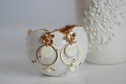 White Enamel Disc & Gold Flower Earrings | Wedding Jewellery