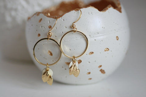 White Enamel Disc & Gold Leaf Earrings | Wedding Jewellery