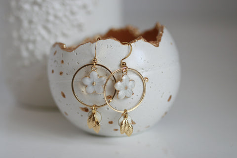 White Enamel Flower & Gold Leaf Earrings | Wedding Jewellery