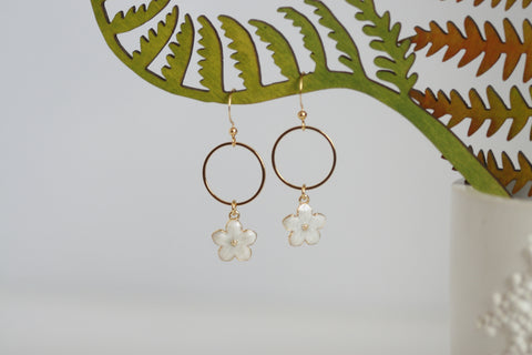White Enamel Flower & Gold Circle Earrings | Wedding Jewellery