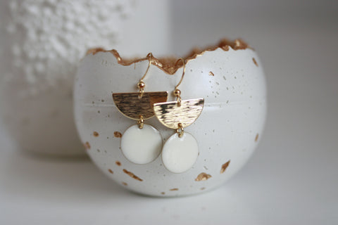 White Enamel Disc & Gold Semi Circle Earrings | Wedding Jewellery