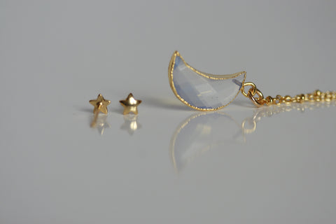 Delicate Moonstone Moon Necklace and Star Earrings  | Crystal Jewellery SET