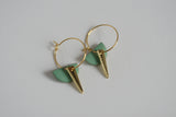 Gold hoop earrings with mint green triangular pendants on a gray background