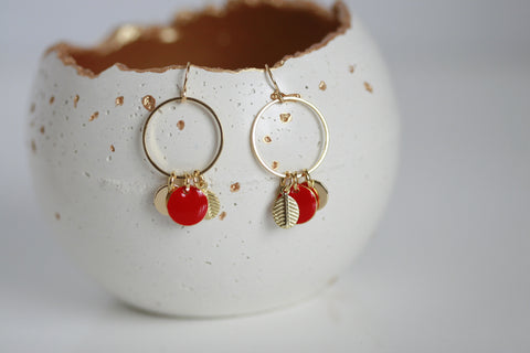 Delicate Red Berry & Gold Leaf Earrings